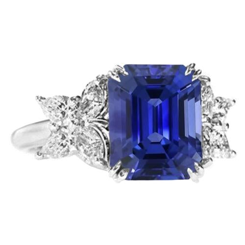 Ladies Diamond Gemstone Ring Emerald Cut Ceylon Sapphire Gold 4 Carats - Gemstone Ring-harrychadent.ca