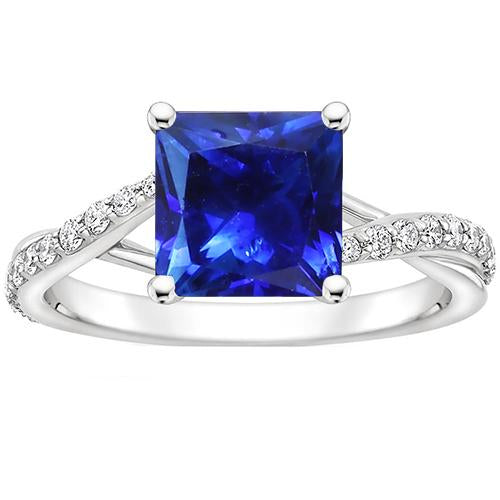 Ladies Diamond Gemstone Ring Princess Ceylon Sapphire Gold 3.75 Carats - Gemstone Ring-harrychadent.ca