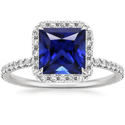 Ladies Natural Earth Mined Diamond Halo Ring With Accents Princess Blue Sapphire 6 Carats