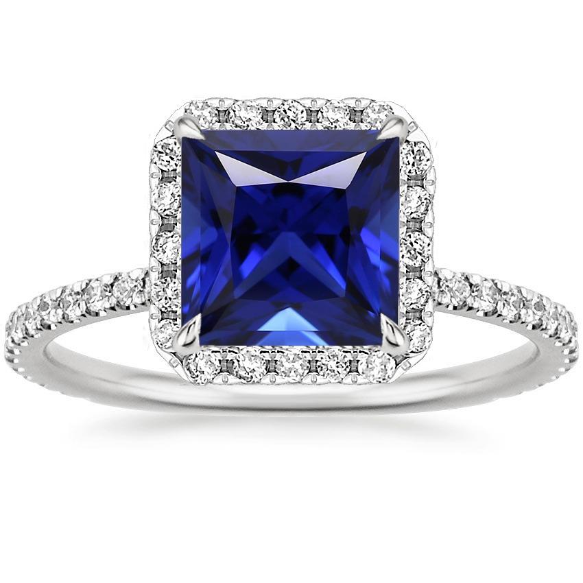 Ladies Diamond Halo Ring With Accents Princess Blue Sapphire 6 Carats - Gemstone Ring-harrychadent.ca