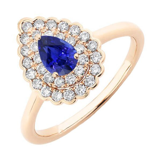 Ladies Double Halo Ring Pear Blue Sapphire & Diamonds 3.50 Carats - Gemstone Ring-harrychadent.ca