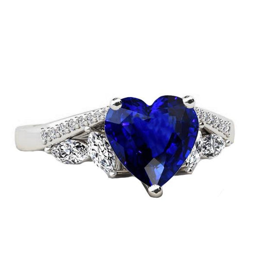 Ladies Gemstone Ring Heart Sapphire Marquise & Round Diamonds 4 Carats - Gemstone Ring-harrychadent.ca