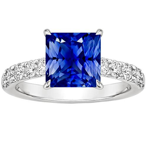 Ladies Gold Diamond Ring Princess Blue Sapphire Accented 4.50 Carats - Gemstone Ring-harrychadent.ca