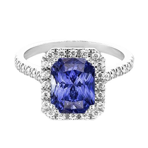 Ladies Halo Deep Blue Sapphire Ring Radiant & Diamonds 3.50 Carats - Gemstone Ring-harrychadent.ca