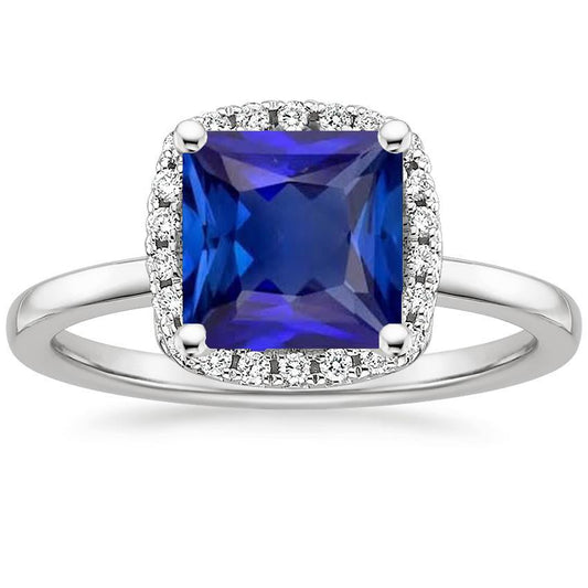 Ladies Halo Diamond Gemstone Ring Ceylon Sapphire Princess Cut 6 Carat - Gemstone Ring-harrychadent.ca