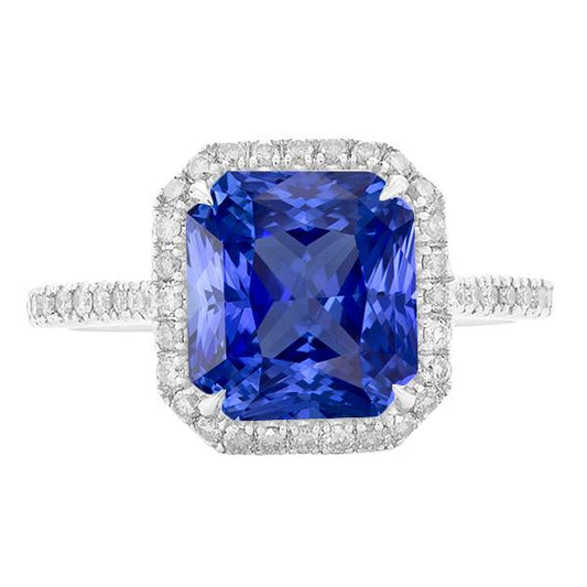 Ladies Halo Diamond Jewelry Ceylon Sapphire Prong Set Gold 5 Carats - Gemstone Ring-harrychadent.ca