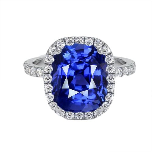 Ladies Halo Diamond Ring Cushion Blue Sapphire Engagement 9.75 Carats - Gemstone Ring-harrychadent.ca