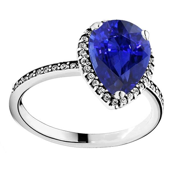 Ladies Halo Diamond Ring & Pear Cut Sri Lankan Sapphire Gold 4 Carats - Gemstone Ring-harrychadent.ca