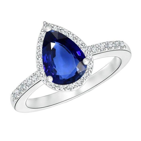 Ladies Halo Gemstone Ring Pear Blue Sapphire & Diamonds 4 Carats - Gemstone Ring-harrychadent.ca