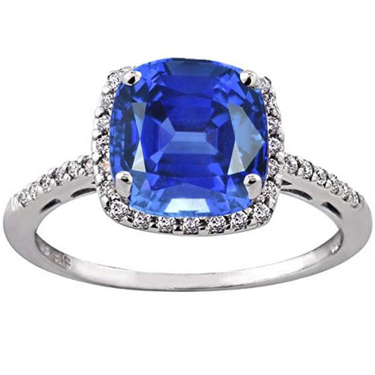 Ladies Halo Ring Cushion Ceylon Sapphire & Diamonds 5 Carats Gold 14K - Gemstone Ring-harrychadent.ca