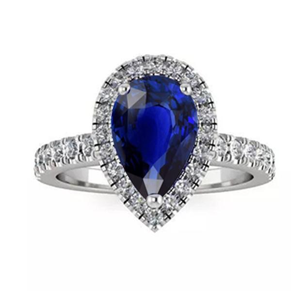 Ladies Halo Sri Lankan Sapphire & Diamond Ring 4 Carats White Gold 14K - Gemstone Ring-harrychadent.ca