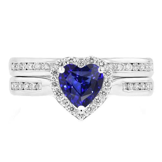 Ladies Halo Wedding Ring Set Heart Cut Sri Lankan Sapphire 3.50 Carats - Gemstone Ring-harrychadent.ca