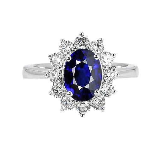 Ladies Oval Blue Sapphire & Round Diamond Ring 8 Carats Sunburst Style - Gemstone Ring-harrychadent.ca