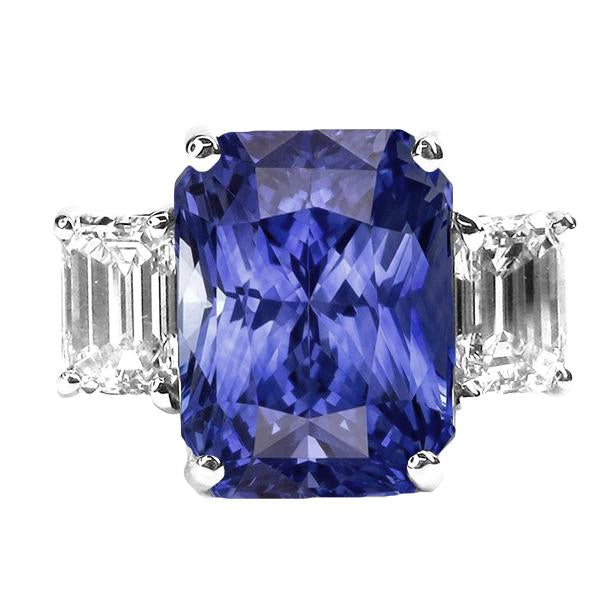 Ladies Radiant 3 Stone Blue Sapphire Ring 7 Carats Emerald Diamonds - Gemstone Ring-harrychadent.ca