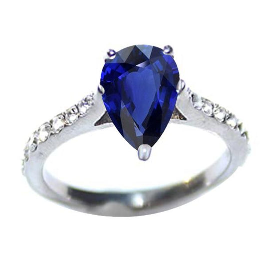 Ladies Solitaire Pear Blue Sapphire With Accents Diamond Ring 3 Carats - Gemstone Ring-harrychadent.ca