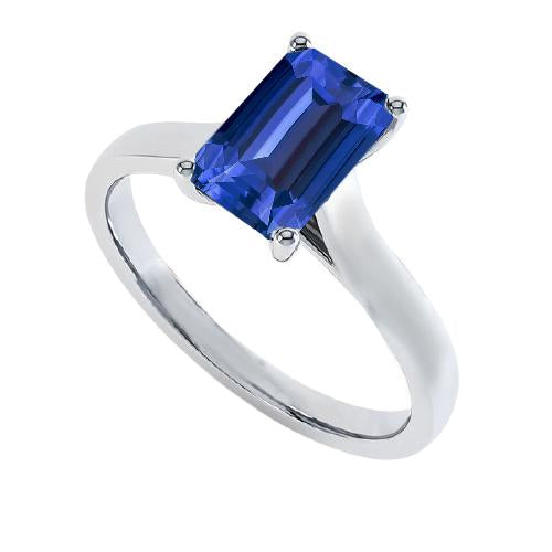 Ladies Solitaire Ring Emerald Blue Sapphire 2 Carats 14K White Gold - Gemstone Ring-harrychadent.ca
