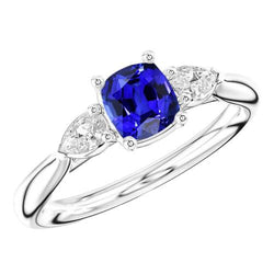 Ladies Three Stone Cushion Sapphire Ring 2 Carats Pear Natural Earth Mined Diamond Jewelry