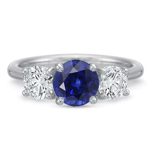 Ladies Three Stone Ring Round Ceylon Sapphire 2.50 Carats Diamonds - Gemstone Ring-harrychadent.ca