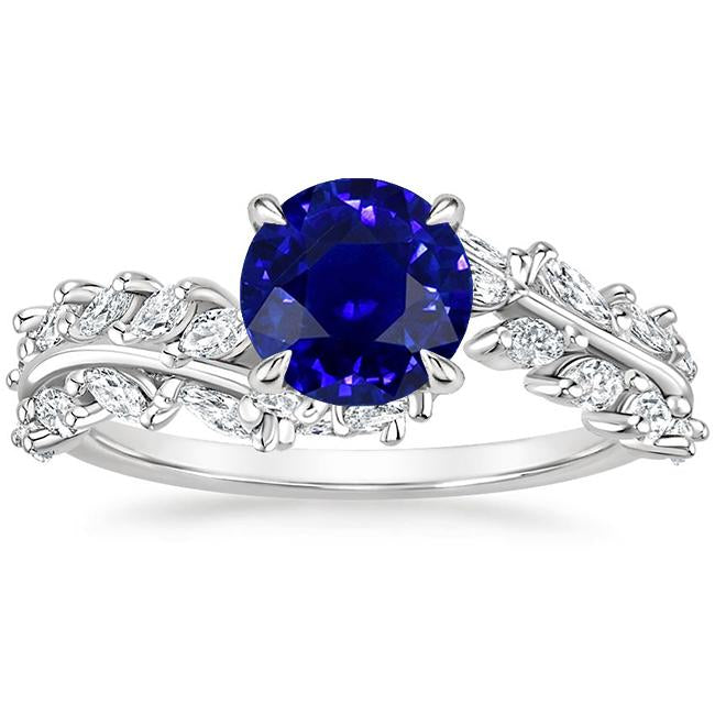 Marquise Diamond & Round Ceylon Sapphire Ring Leaf Style 4.50 Carats - Gemstone Ring-harrychadent.ca