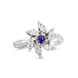 Marquise Diamond Round Sapphire Ring Flower Style 2.50 Carats Two Tone