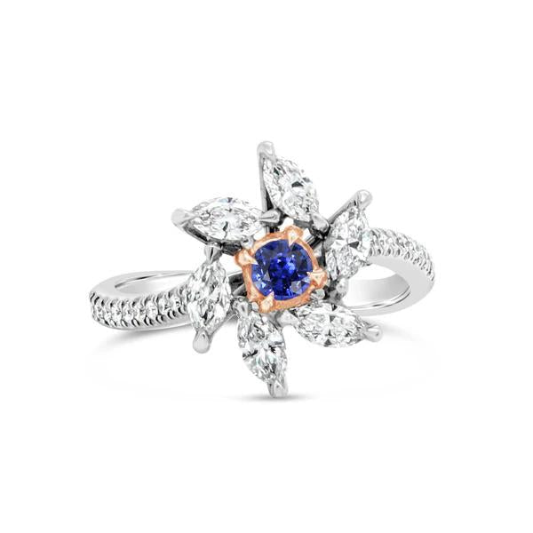 Marquise Diamond Round Sapphire Ring Flower Style 2.50 Carats Two Tone - Gemstone Ring-harrychadent.ca