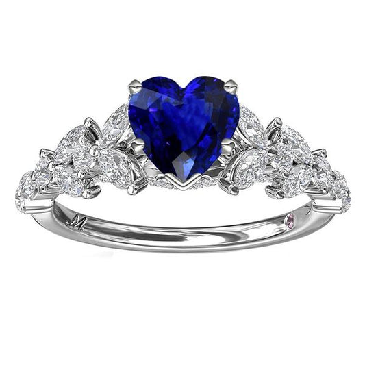 Marquise & Round Diamond Heart Cut Sapphire Ring Leaf Style 3.50 Carats - Gemstone Ring-harrychadent.ca