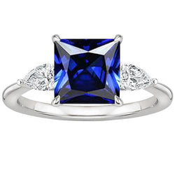 Princess Ceylon Sapphire & Pear Natural Earth Mined Diamond 3 Stone Ring 4 Carats