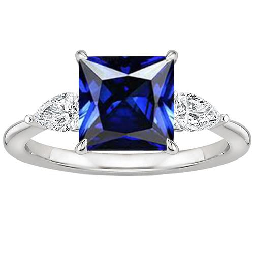 Natural Princess Ceylon Sapphire & Pear Diamond 3 Stone Ring 4 Carats - Gemstone Ring-harrychadent.ca