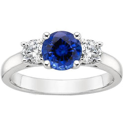 New Three Stone Gold Ring Round Ceylon Sapphire And Diamonds 3 Carats