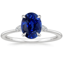 Oval Anniversary Ring Ceylon Sapphire & Natural Earth Mined Diamonds White Gold 3 Carats