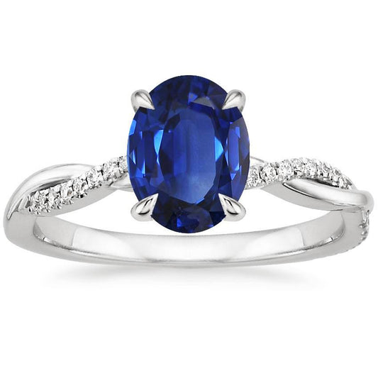 Oval Blue Sapphire Engagement Ring Diamond Gold Twisted Shank 6 Carats - Gemstone Ring-harrychadent.ca