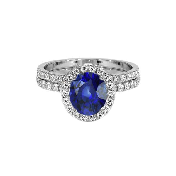 Oval Blue Sapphire Halo Engagement Ring Set 10.25 Carats White Gold - Gemstone Ring-harrychadent.ca