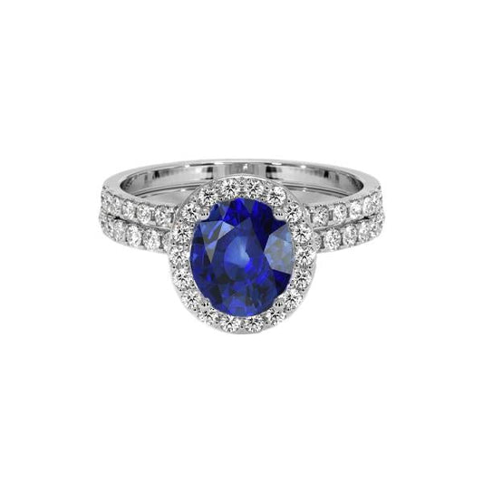 Oval Blue Sapphire Halo Engagement Ring Set 10.25 Carats White Gold - Gemstone Ring-harrychadent.ca