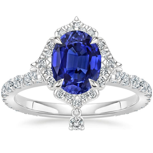 Oval Cut Halo Ceylon Sapphire Engagement Ring 5.50 Carats White Gold - Gemstone Ring-harrychadent.ca