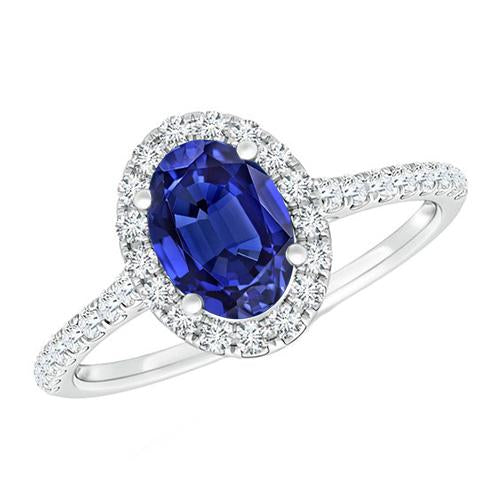 Oval Diamond Halo Ring Blue Sapphire Accented White Gold 5.50 Carats - Gemstone Ring-harrychadent.ca