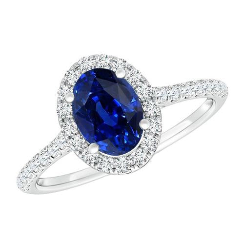 Oval Diamond Halo Ring Blue Sapphire With Accents 6 Carats White Gold - Gemstone Ring-harrychadent.ca