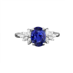 Oval Gemstone Blue Sapphire Ring With Marquise Natural Earth Mined Diamonds 3.50 Carats