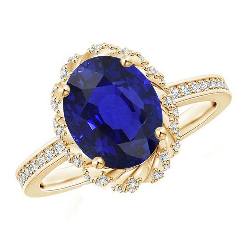 Oval Halo Gemstone Ring Blue Sapphire Pave Diamond Yellow Gold 7 Carat - Gemstone Ring-harrychadent.ca