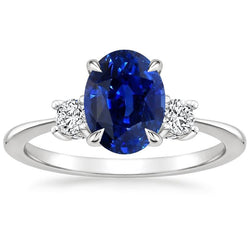 Oval & Round Natural Earth Mined Diamond 3 Stone Ring Sri Lankan Sapphire 3.50 Carats Gold