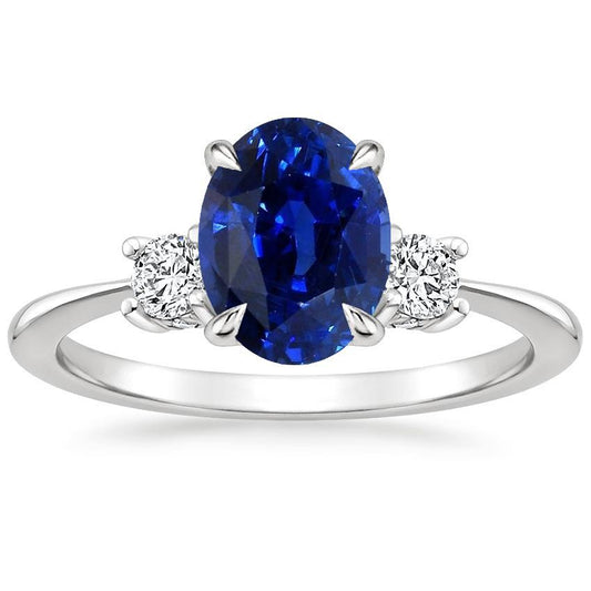 Oval & Round Diamond 3 Stone Ring Sri Lankan Sapphire 3.50 Carats Gold - Gemstone Ring-harrychadent.ca