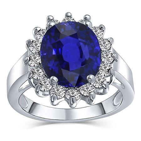 Oval Sapphire Gemstone Ring 3.50 Carats Flower Style Diamonds - Gemstone Ring-harrychadent.ca