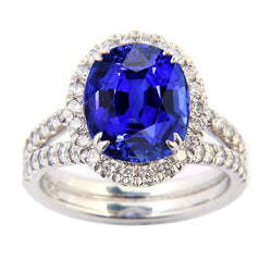Oval Sapphire Halo Wedding Ring Set Pave Split Shank 5 Carats Gold