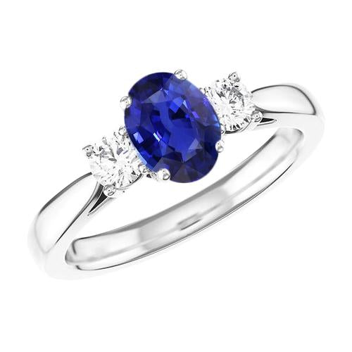 Oval Sapphire Three Stone Round Diamond Ring 2 Carats Gold 14K - Gemstone Ring-harrychadent.ca