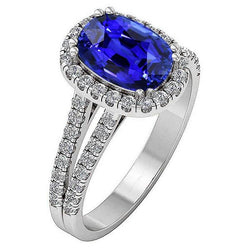 Oval Shaped Halo Blue Sapphire Ring Split Shank Natural Earth Mined Diamond 5 Carats