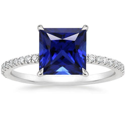 Pave Natural Earth Mined Diamond Ring With Princess Ceylon Sapphire Center 5.50 Carats