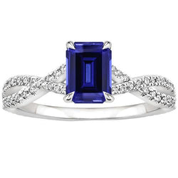 Pave Setting Engagement Ring Emerald Blue Sapphire & Natural Earth Mined Diamond 4 Carats