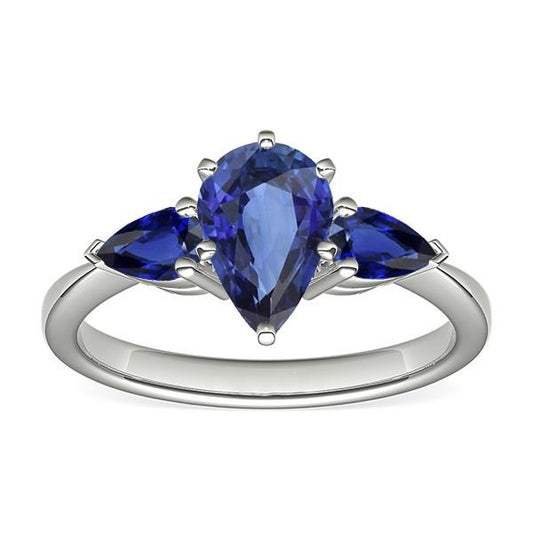 Pear Blue Sapphire Three Stone Ring 2 Carats White Gold 14K - Gemstone Ring-harrychadent.ca