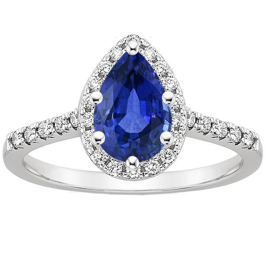 Pear Cut Blue Sapphire & Diamond Halo Ring 3.50 Carats Ladies Jewelry - Gemstone Ring-harrychadent.ca