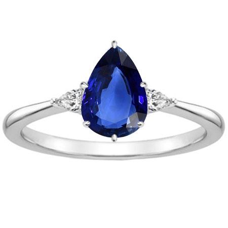 Pear Diamond 3 Stone Blue Sapphire Ring 1.75 Carats Tapered Shank Gold - Gemstone Ring-harrychadent.ca