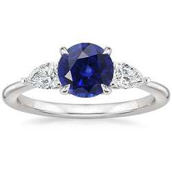 Pear Natural Earth Mined Diamond 3 Stone Ring Round Cut Blue Sapphire Jewelry 3 Carats